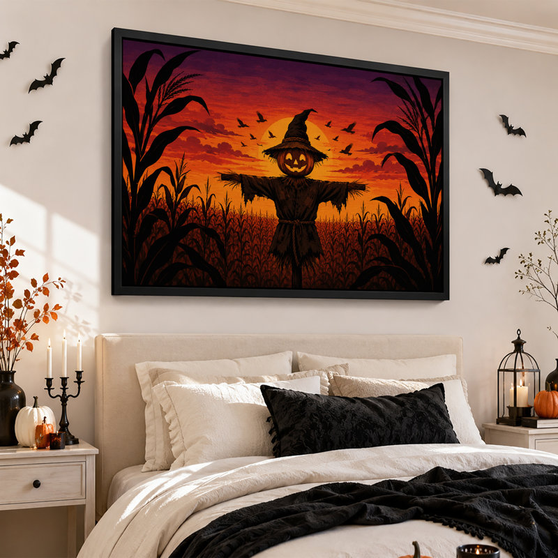 Épouvantail citrouille dans un champ de maïs au coucher du soleil - Toile murale d'Halloween, H 24 po x l 36 po