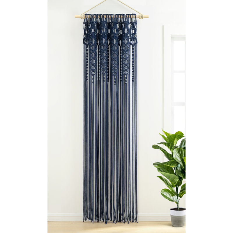 Boho Macrame Textured Cotton Cotton Sheer Curtain Single Panel, Navy