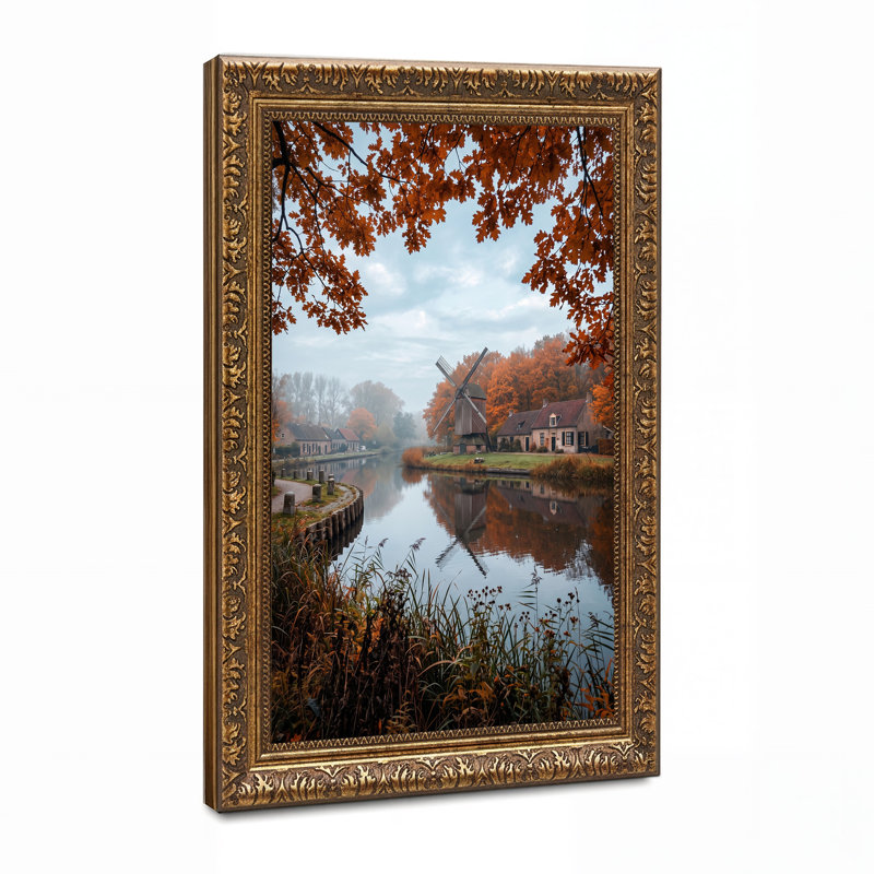 Art mural en bois avec moulin à vent en bois le long du canal avec arbres d'automne, H 36 po x l 24 po