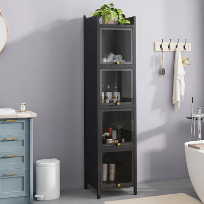 Élégante armoire moderne en fer et en verre trempé avec un design cannelé, plusieurs compartiments de rangement et des pieds de protection pour une organisation à domicile efficace