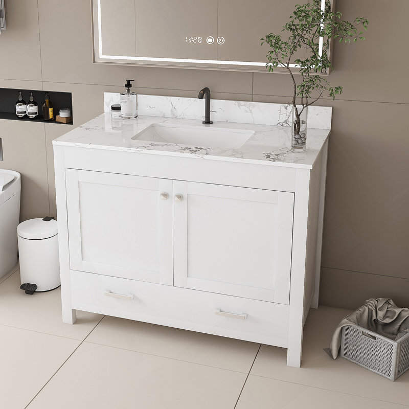 Ensemble de meuble-lavabo moderne 43 po avec plateau en marbre de Carrare blanc, armoire de salle de bain multifonctionnelle avec portes et tiroir, cadre solide et panneau en bois aggloméré (trou de robinet simple)