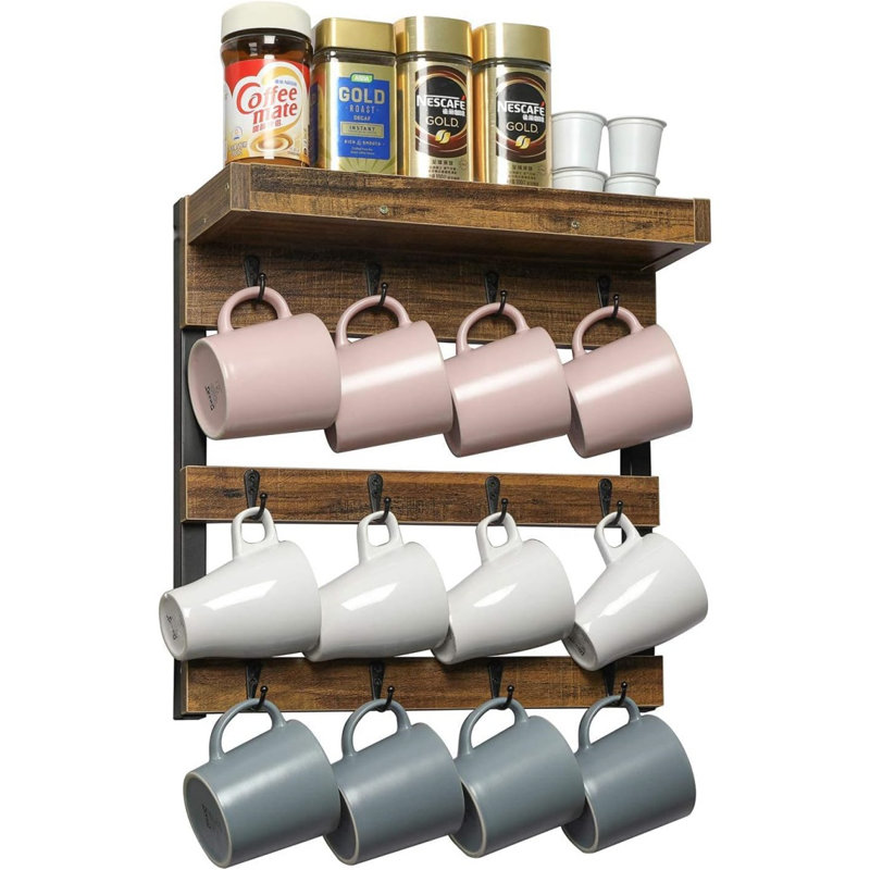 Coffee Mug Rack Wall Mounted, Rustic Wood Cups Rack With 12 Hooks And Storage Shelf, For Home Kitchen Display And Collection (Rustic Brown)