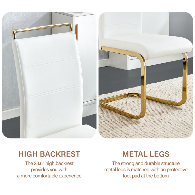 Modern White PU Leather Dining Set with Gold Base and Glass Top