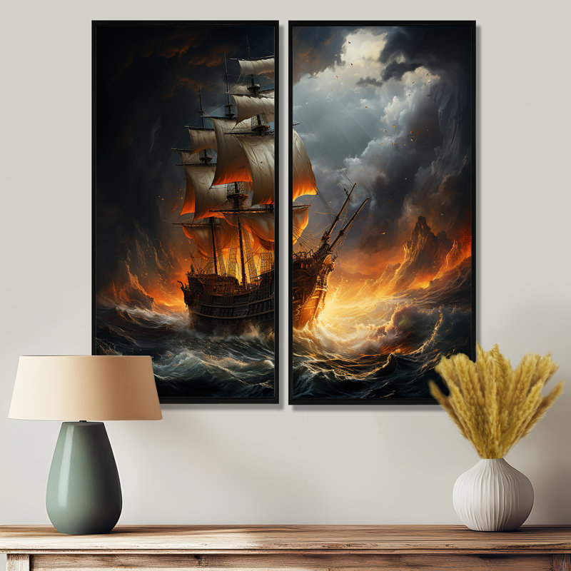 Bateau pirate Stormy Seas - décoration murale orange, H 40 po x l 40 po, Impression encadrée flottante sans passe-partout
