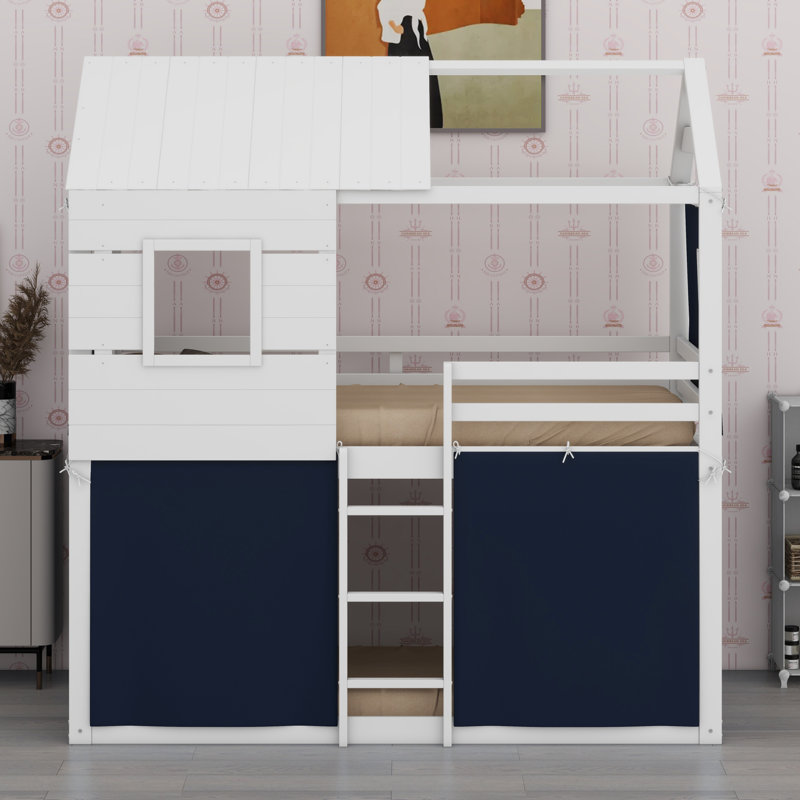 Solid Wood Playhouse House Floor Bunk Bed With Windows,Tent,Ladders, Guardrail And Roof, Twin, Black/White