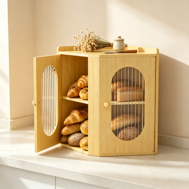 Two-Tier Bamboo Bread Bin for Kitchen Countertop, Corner Bread Storage Container with Striped Window, Natural Bamboo Bread Box