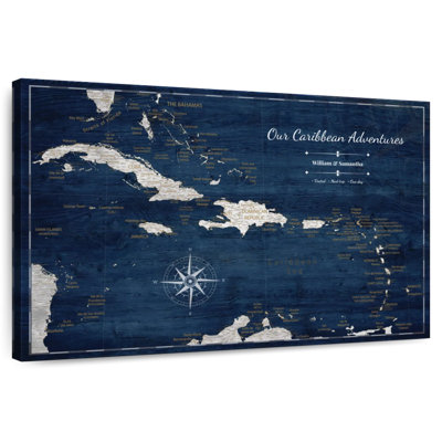 Personalized Wood III Push Pin Caribbean Map