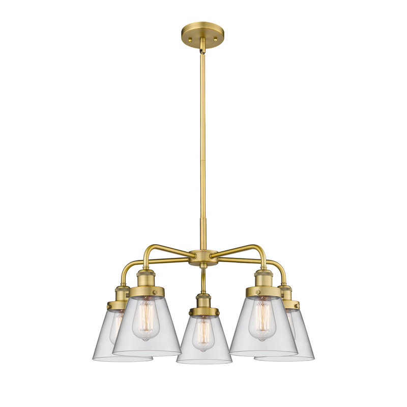 Cone 5 Light Stem Hung Chandelier, Clear, Brushed Brass
