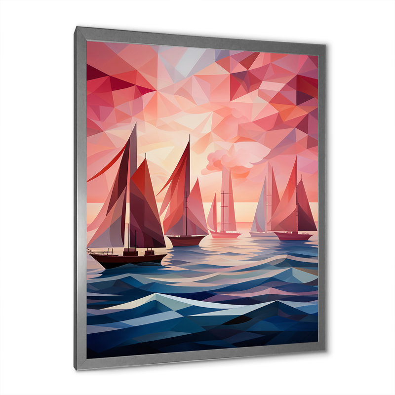 «Nautical Ship Twilight Sails II - Coastal Sunset», art mural, Cadre simple argenté, H 44 po x l 34 po x P 1,5 po