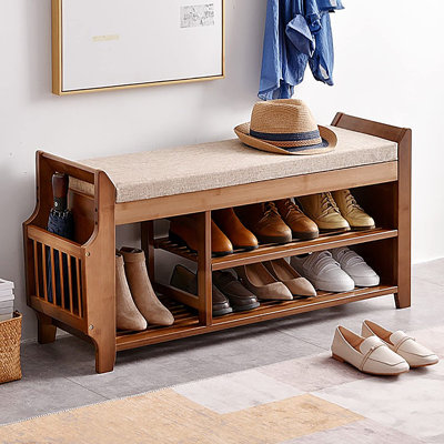 Spacious Brown Bamboo Shoe Bench, 39.4"D X 11.6"W X 19.5"H, Hidden Drawer And Umbrella Holder