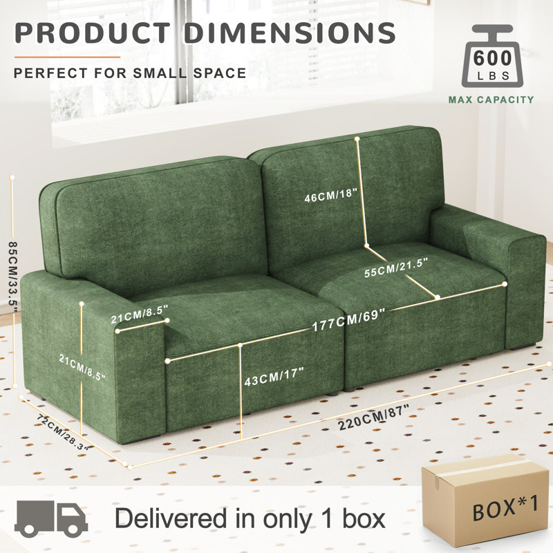 Modern Loveseat Sofa for Living Room, 220cm Chenille Sofa, Spring Cushions, Solid Wood Frame, Easy Assembly for Small Spaces