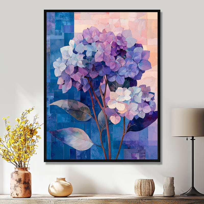 Collage abstrait floral d'hortensia III - hydrangées, art mural, Noir, Reproduction avec cadre flottant, H 20 po x l 12 po