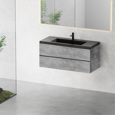 48" Floating Bathroom Vanity With Sink, Modern Wall-Mounted Bathroom Storage Vanity Cabinet With Black Quartz Sand Top Basin And Soft Close Drawers, EDI-Series Cement Grey