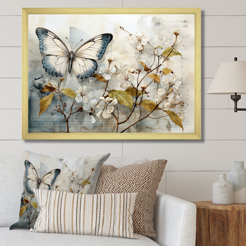 Papillon beige Bibby Glimpse Of Serendipity - décoration murale papillon, Cadre doré simple, H 34 po x l 44 po x P 1,5 po