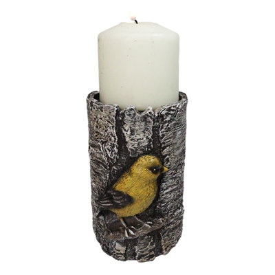 Yellow Goldfinch Candle Stand on Birch Tree Candle Holder Rustic Bird Figurine