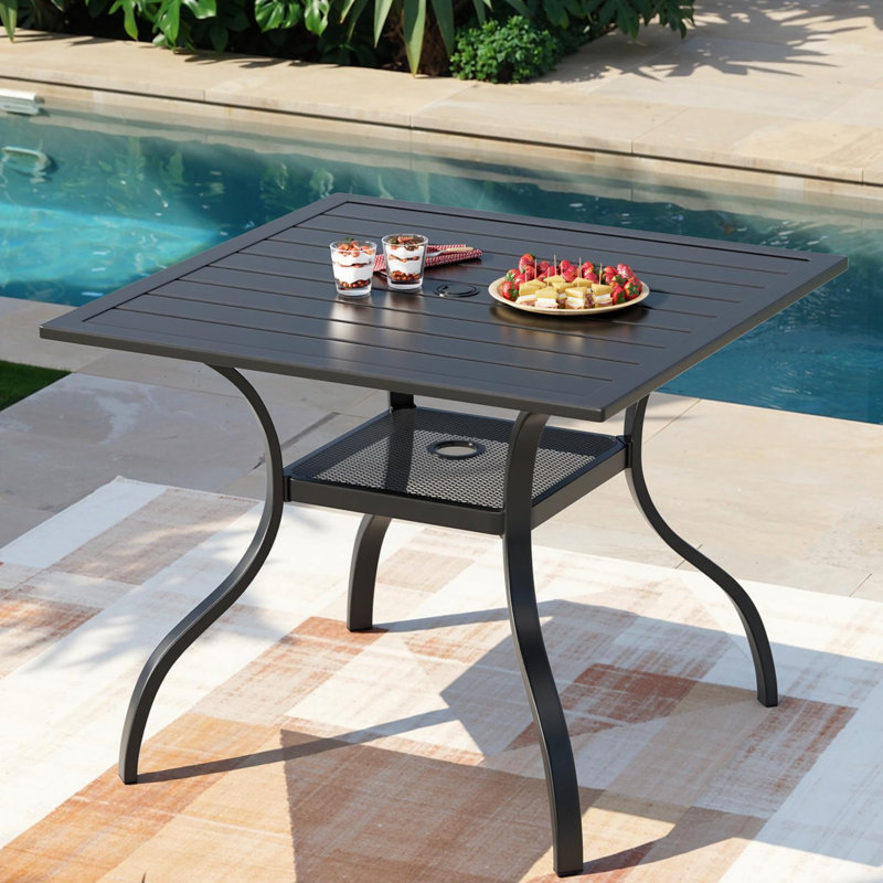 Table de salle à manger carrée 37 "en métal avec trou pour parasol 1,57" et tablette inférieure, H 28 po x l 37 po x P 37 po