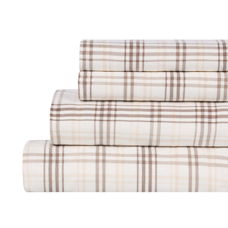 Beldibi Plaid 100% Flannel Cotton Classic Rustic Farmhouse Sheet Set, Twin XL Sheet 3pc Set, Beige Plaid