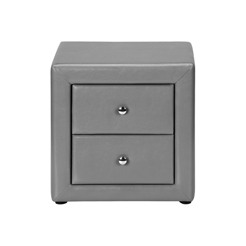 Table de chevet gris en similicuir gris pour chambre à coucher - unité de rangement à 2 tiroirs d'apparence rembourrée