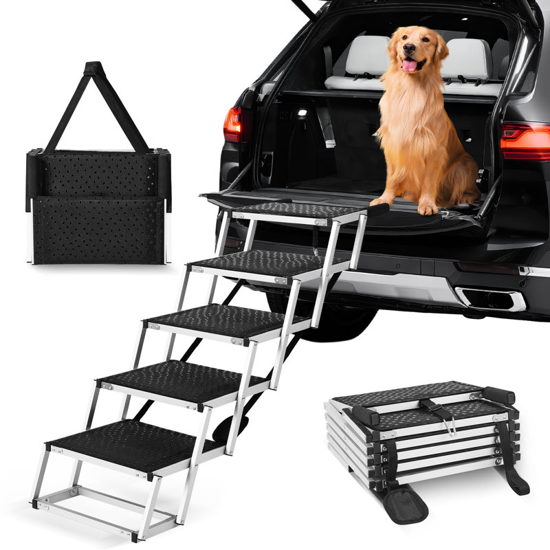 Escalier pour chien pliant en 5 étapes pour les voitures, en aluminium, pouvant supporter jusqu'à 150 lb, pour les petits animaux, les personnes âgées ou les animaux blessés, pouvant entrer dans des véhicules, des lits, des canapés, une surface confortable, une construction en aluminium stable et facile à transporter,