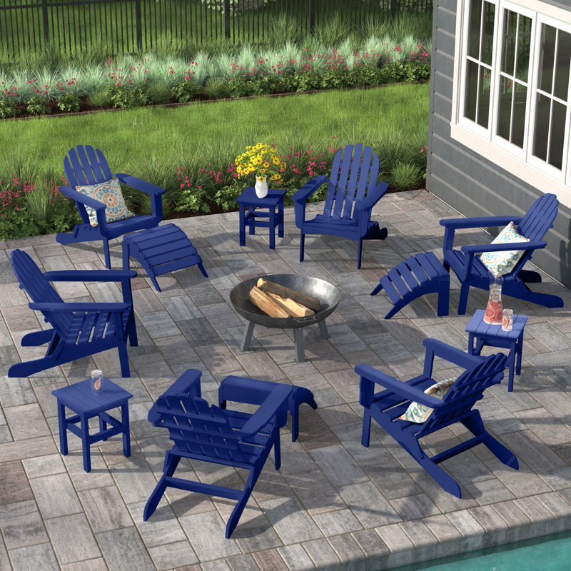 Chaise Adirondack pliante en plastique / résine avec repose-pieds et table Leighton, Bleu royal