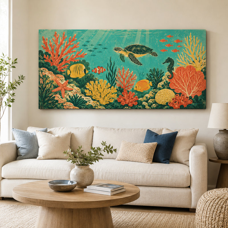 Art mural sur toile tropicale, "Sea Life", 27.5"H x 55"W x 1.5"D