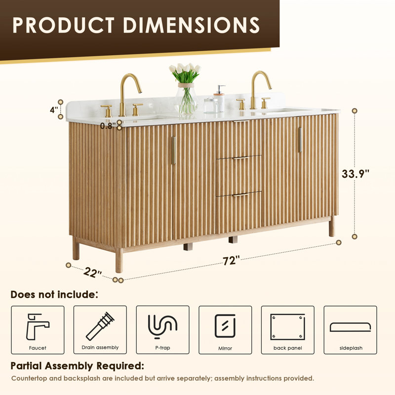 Wernher 72" Natural Wood Double Bathroom Vanity with White Stone Countertop