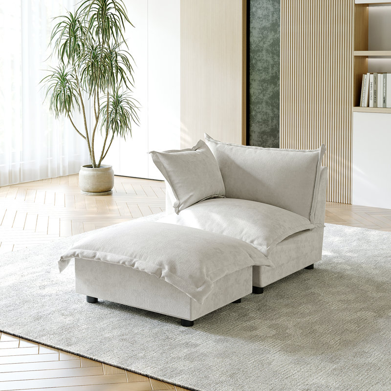 Upholstered Armchair with Footstool, Beige