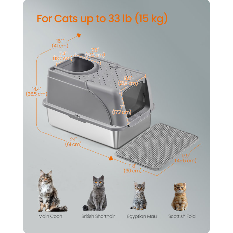 Stainless Steel Enclosed Litter Box, Grey
