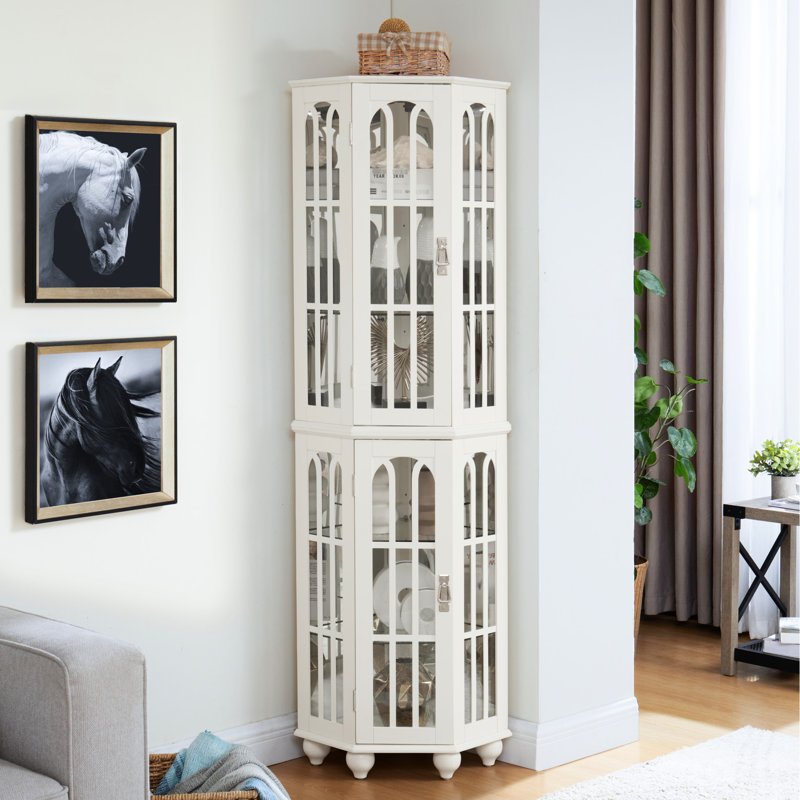 Commode vitrée d'angle moderne avec corps et tablettes réglables, Blanc