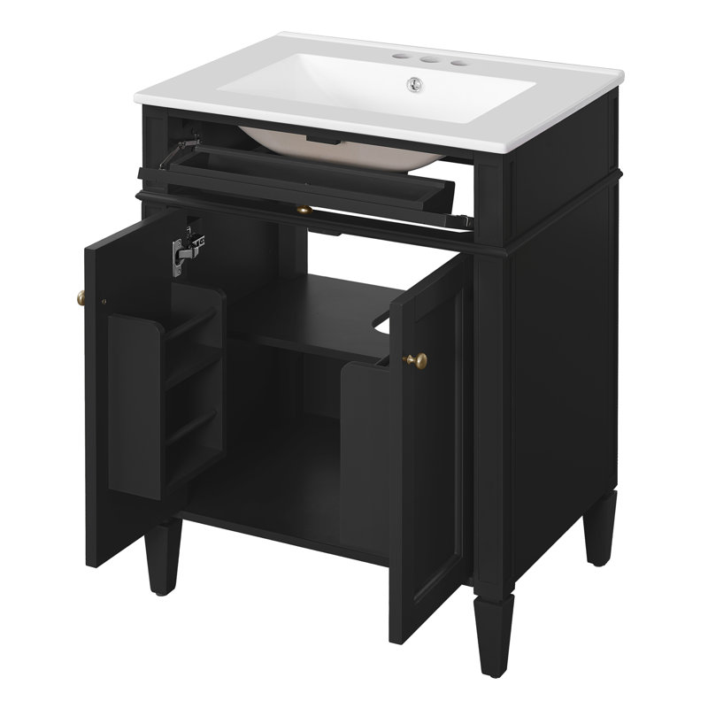 Meuble-lavabo 24 po avec 2 portes et tiroir escamotable, armoire de rangement de salle de bain avec lavabo, portes à fermeture en douceur avec organisateurs