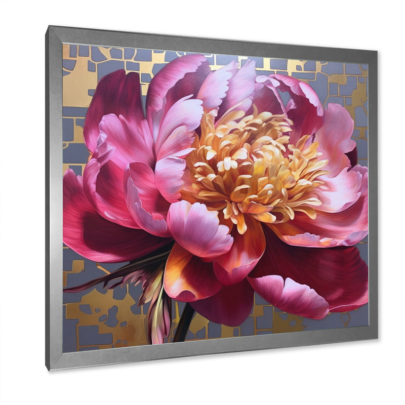 Pivoine rose captivante I, Cadre simple argenté, H 16 po x l 16 po x P 1 po
