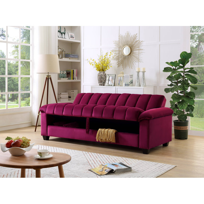 Canapé-lit double en velours avec rangement Biscuit, Rouge, H 33,75 po x l 82,7 po x P 35,25 po