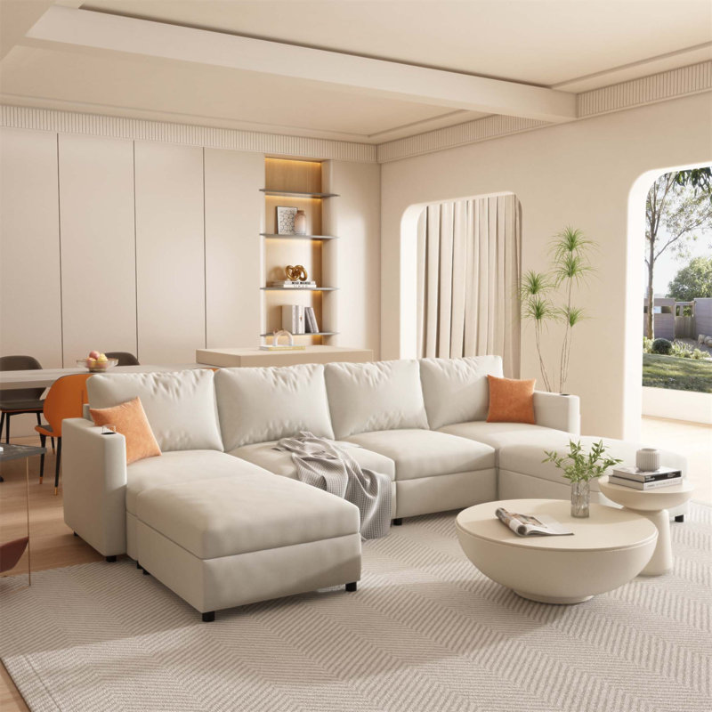 Grand canapé modulaire moderne en forme de U avec rangement, tissu en chenille et repose-pieds convertible pour le confort du salon