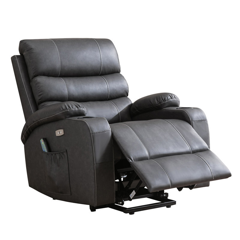 Power Lift Massage Chair with Waist Heating, Reclining Chair with USB, Side Pocket & Cup Holder, Black Gray Faux Leather