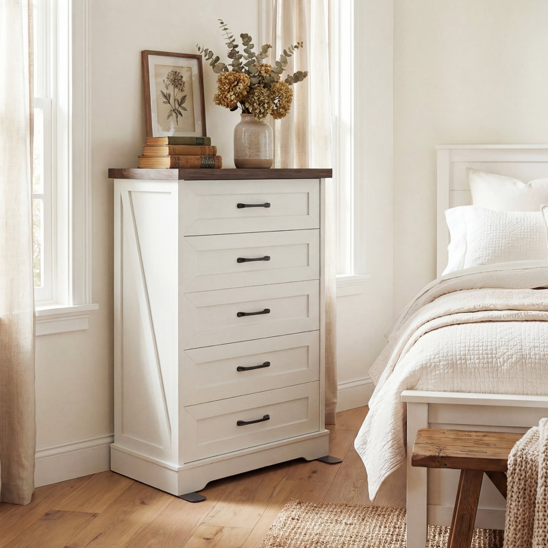 Rosario 3 Pieces Bedroom Set,5 Drawer Tall Dresser And Two 2 Drawer Nightstands With Charging Station, Brown/White