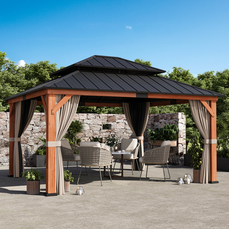 Rosewood 13' X 15' Outdoor Patio Premium Cedar Wood Frame Gazebo With Mosquito Netting And Curtains, Galvanized Steel Hardtop Double Roof Pavilion, 2-Tier