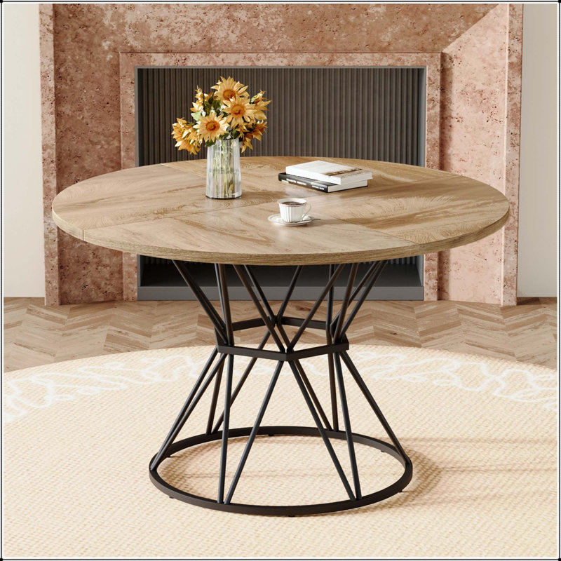 Table de salle à manger ronde industrielle avec grain de bois clair et base en sablier, Wood / Black