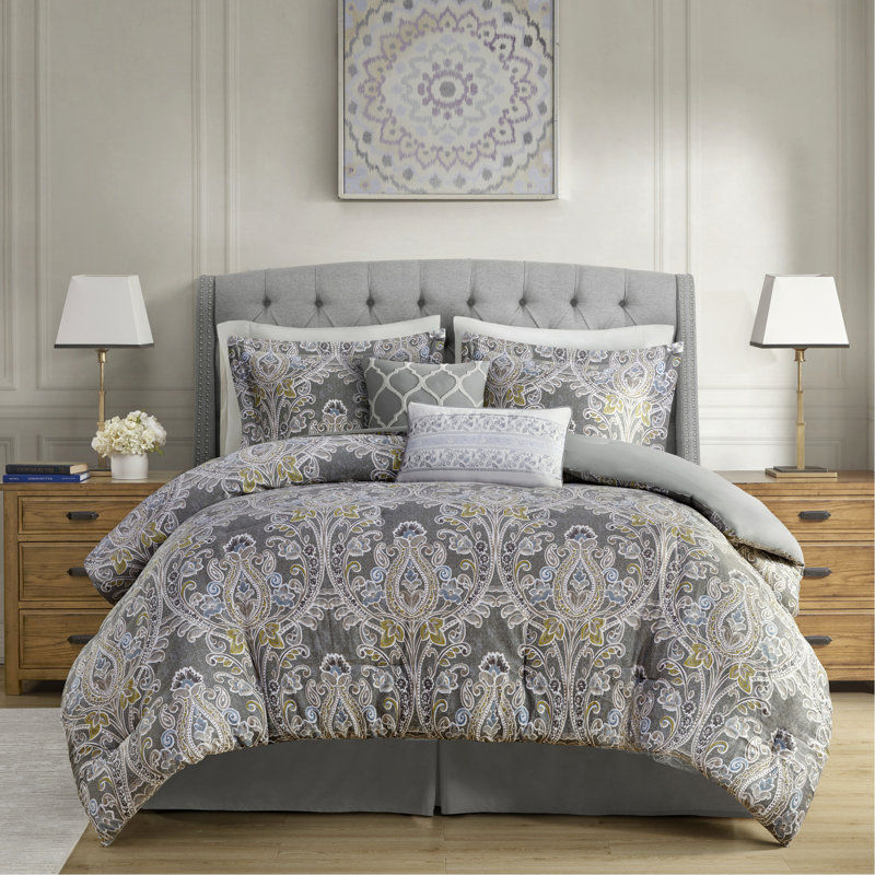 Édredon très grand 6 pièces gris avec imprimé classique 100% coton