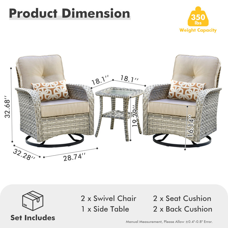 Heshum 3 Piece Rattan Seating Group With Cushions, Beige