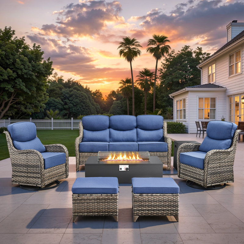 Bruner 6-Piece Wicker Rattan Patio Fire Pit Table Conversation Set With Swivel Gliders And Ottomans