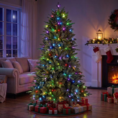 7' Pre-Lit Artificial Christmas Tree with 340 RGB LED Lights, 50 Light Functions, Quick-Connect Power, 2126 Mixed PE/PVC Tips, and Metal Stand