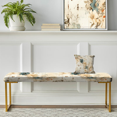 Beige Vintage Country House Flower Harmony III - Patchwork Upholstered Gold Bench