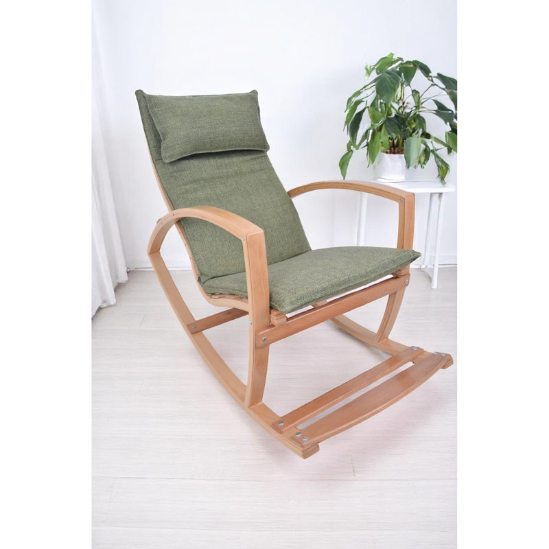 Chaise berçante contemporaine avec revêtement et coussin, idéale pour la lecture dans la chambre à coucher, avec un cadre en bois moderne et un dossier haut, confortable au lit