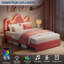 Lit plateforme double tapissier en velours avec lumière DEL, lattes de bois, chambre d'enfant-640958974-640958972