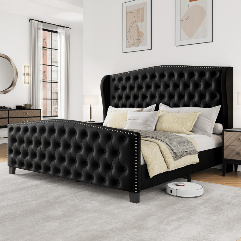 King Size Bed With Upholstered & Tufted Headboard, Velvet Platform Bed Frame With Nailhead Trim, Black, King, Black
