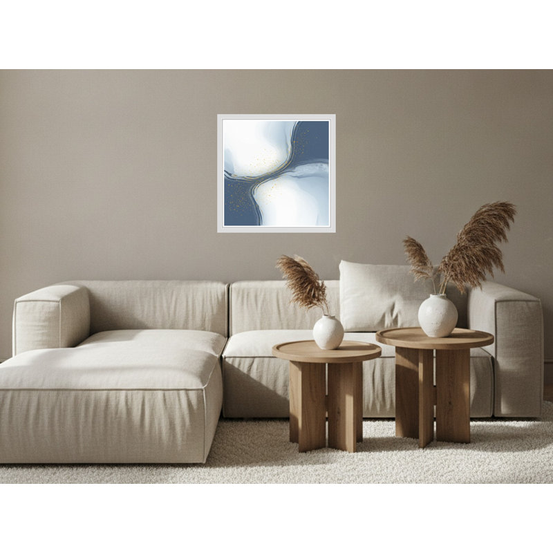 «Abstract Blue and Gold Flow», art mural encadré sur toile, 16" H x 16" W, White