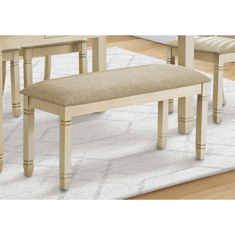 Banc, 41 po rectangulaire, cuisine, salle à manger, entrée, chambre à coucher, tapissier, bois, bois massif blanc antique, tissu d'aspect lin beige, transitionnel