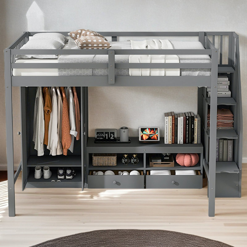 Structure de lit double pleine grandeur avec garde-robe, table de rangement basse et escalier de rangement, Gris