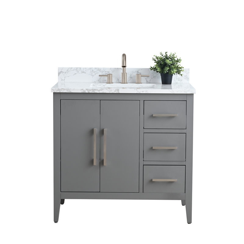 Meuble-lavabo simple 36 po avec plateau en marbre Chambery, Gris cachemire, Nickel brossé