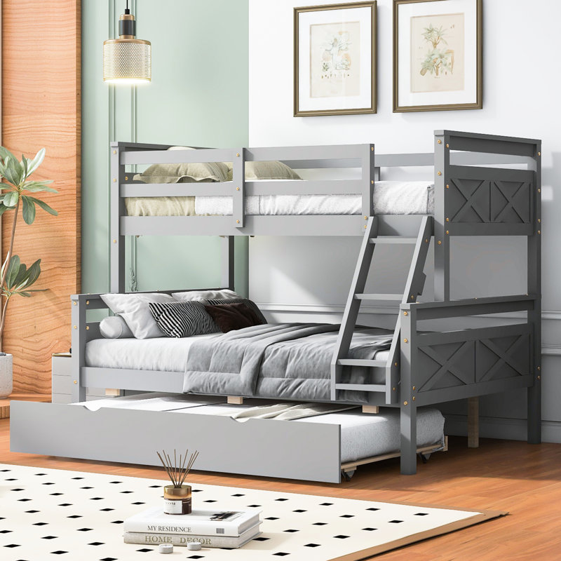 Lit simple superposé au-dessus d'un lit double, gris avec structure solide et lit gigogne utilisable - chambre à coucher